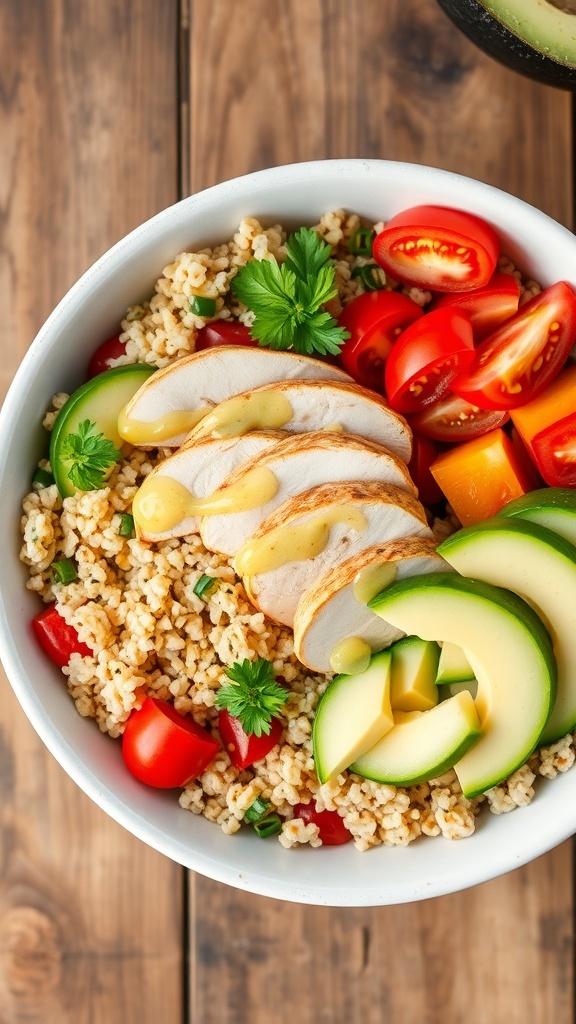 A healthy quinoa chicken bowl with grilled chicken, vegetables, and lemon herb dressing on a wooden table.